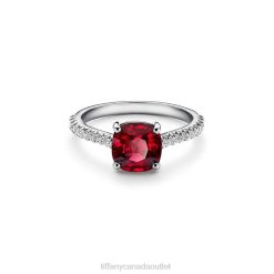 Tiffany Cushion-cut Ruby Ring Unisex 0J0F1597 Jewelry in Platinum with Pave Diamonds