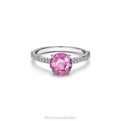 Tiffany Round Pink Sapphire Ring Unisex 0J0F1626 Jewelry in Platinum with Pave Diamonds